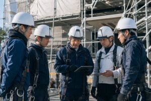 足場工事現場で職長と作業員がタブレットを見ながら朝礼と安全確認をしている様子