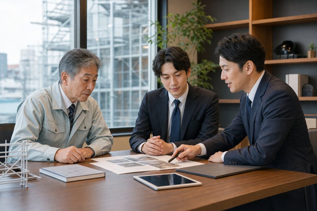 足場工事会社の代表者、買い手候補、M&Aアドバイザーが承継について相談している様子