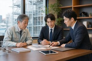 足場工事会社の代表者、買い手候補、M&Aアドバイザーが承継について相談している様子