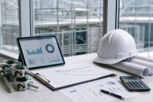 足場材、図面、ヘルメット、管理資料を並べた足場工事会社の企業価値整理イメージ