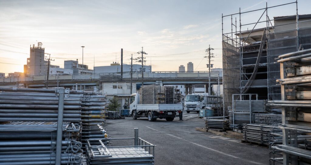大阪の都市部に近い足場資材置場で、足場材と工事車両が整然と配置されている様子