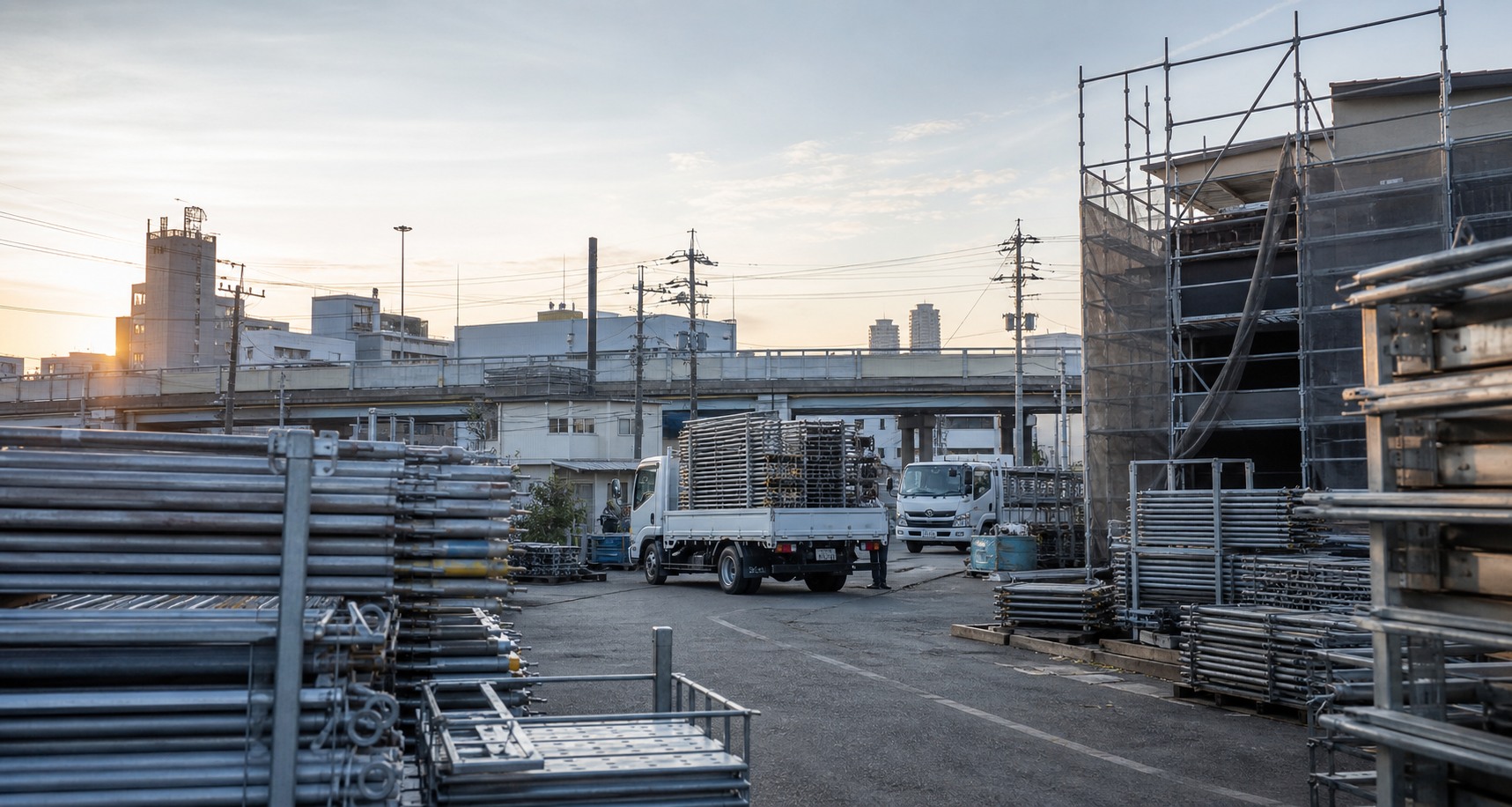 大阪の都市部に近い足場資材置場で、足場材と工事車両が整然と配置されている様子
