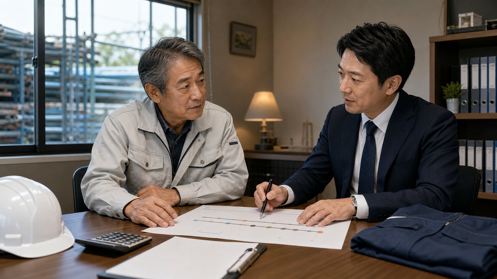 静かな事務所で承継計画を確認する足場会社経営者とM&Aアドバイザー