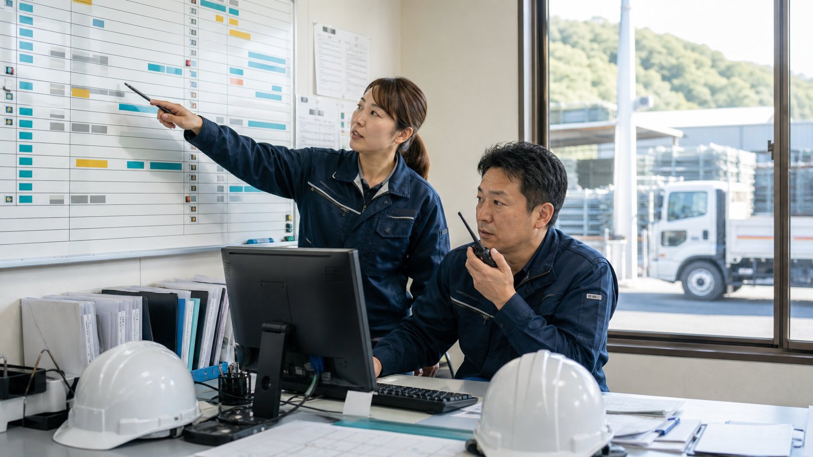 事務所で車両と職人の配置を調整する足場会社スタッフ