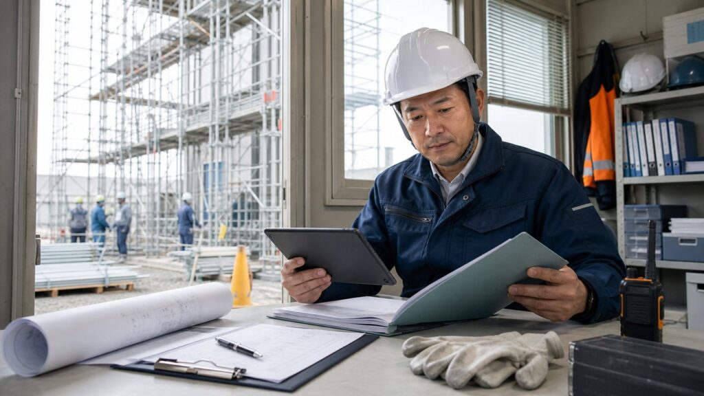 足場工事会社のデューデリジェンスで安全書類とタブレットを確認する安全管理担当者