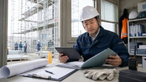 足場工事会社のデューデリジェンスで安全書類とタブレットを確認する安全管理担当者