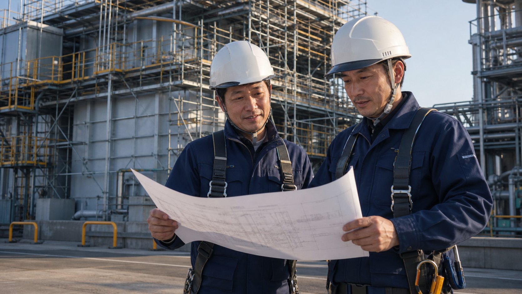 産業プラント前で特殊足場の図面を確認する技術者2名