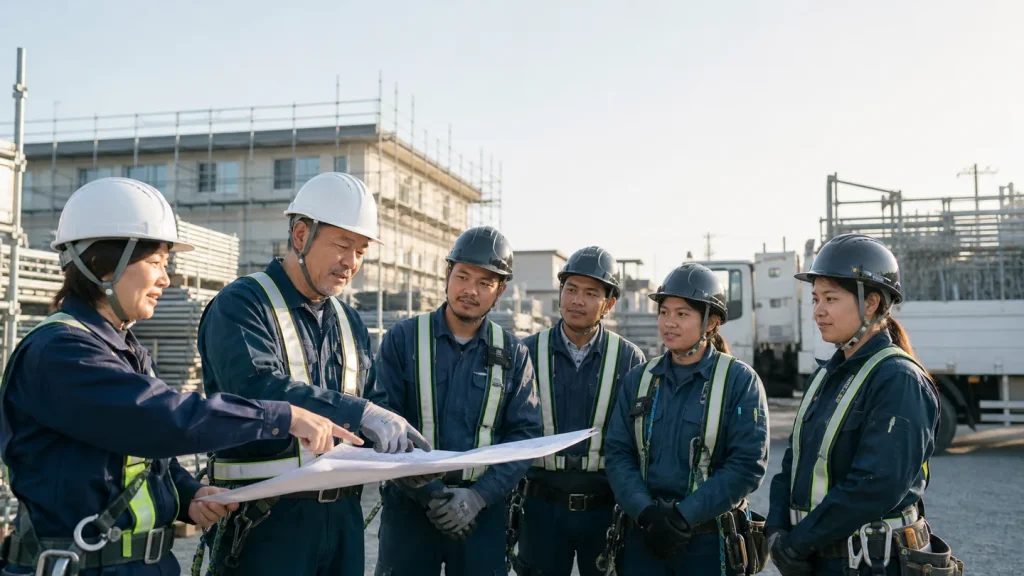 足場工事会社の外国人材承継で資格と班編成を確認する多国籍の足場班