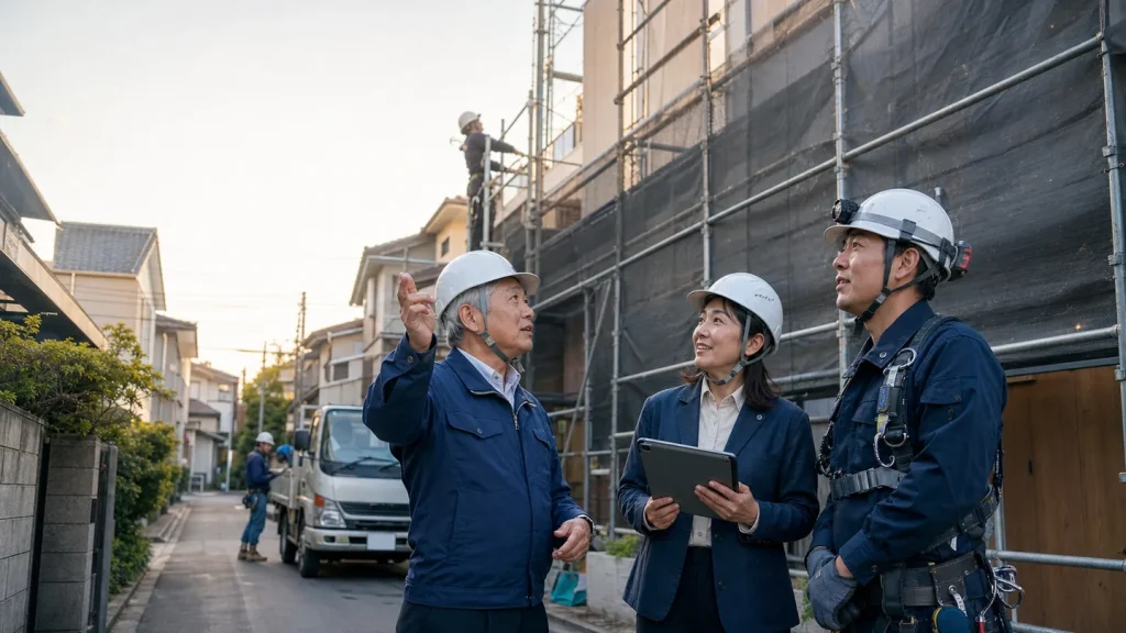 足場工事会社の地域承継で狭小地改修の施工条件を確認する経営者と職長