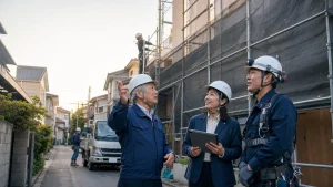 足場工事会社の地域承継で狭小地改修の施工条件を確認する経営者と職長