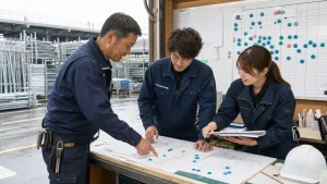 足場工事会社の受注残を工程表と班編成表で確認する現場チーム