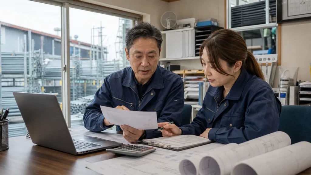 足場工事会社の運転資金を支払予定表で確認する経営者と経理担当者